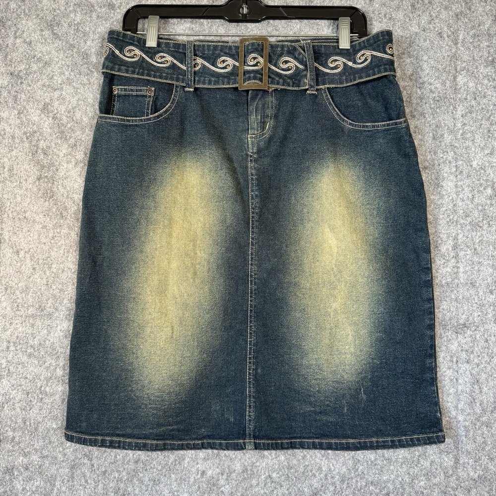 Y2K Jean Skirt Womens 8 Denim Embroidered Boho Midi Belt Western Hippie Festival